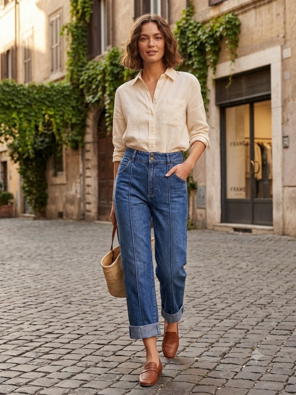 FRAME 70s Seamed Cuffed Crop Straight Leg Jeans Lago Di Como 30 medium dark blue - Picture 4 of 16